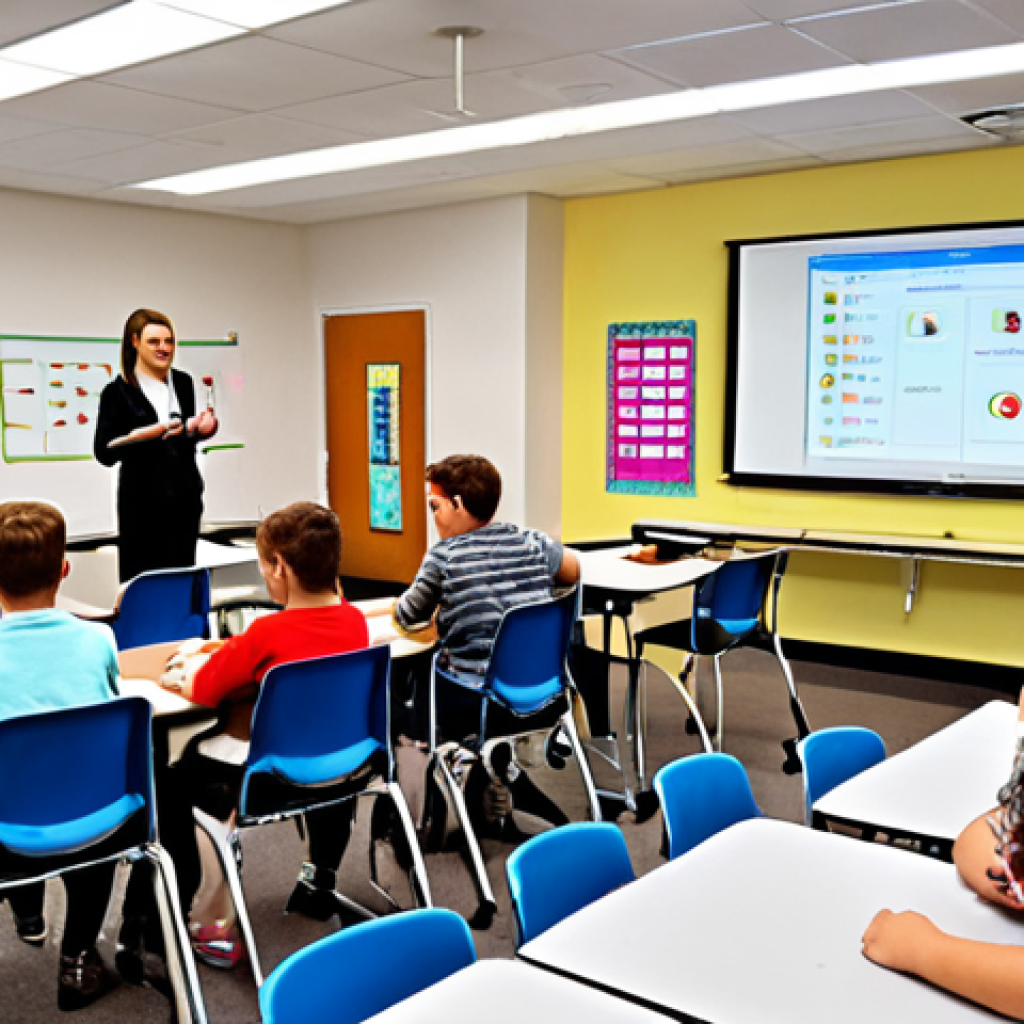 **

A dynamic classroom scene. Students are actively engaged with digital devices, some collaborating in small groups. An instructor is circulating, providing individual guidance. The room has flexible seating arrangements, not traditional rows. The overall impression is bright, modern, and interactive.

**