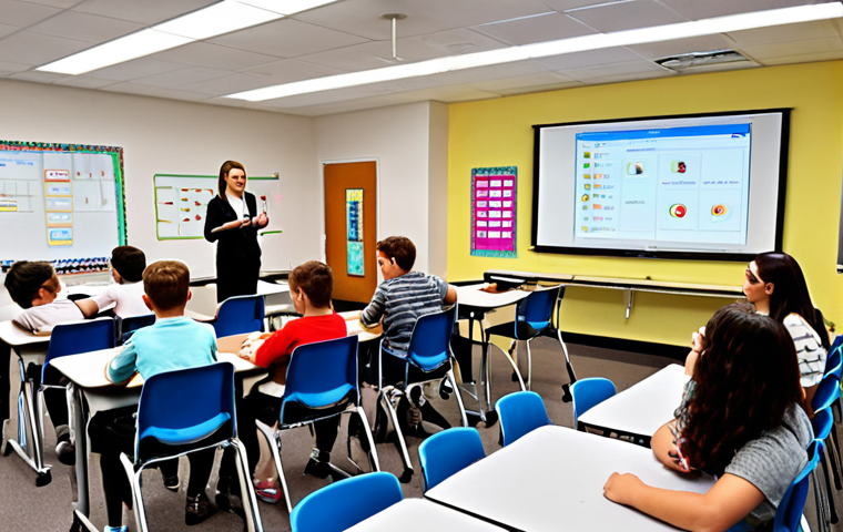 **
A dynamic classroom scene. Students are actively engaged with digital devices, some collaborating in small groups. An instructor is circulating, providing individual guidance. The room has flexible seating arrangements, not traditional rows. The overall impression is bright, modern, and interactive.
**