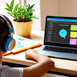 Personalized Learning Environment**

A bright, organized workspace with a person studying. The desk includes a laptop displaying a mind map, colorful sticky notes, a Pomodoro timer, and a plant. The person is smiling and engaged, highlighting the positive and personalized nature of their study setup. Add elements to show visual, auditory, and kinesthetic learning, such as a book with diagrams, headphones, and a stress ball. Focus on warm, inviting colors and natural light.
**